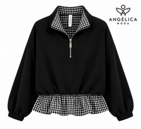 Conjunto de mujer negro de algodón con sudadera de cuadros y pantalón ancho