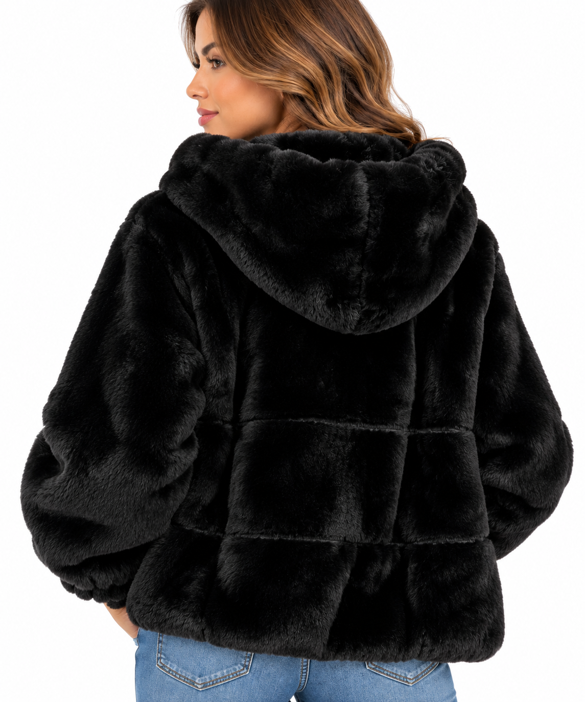 Chaqueta de pelo sintético negra para mujer con capucha y cremallera