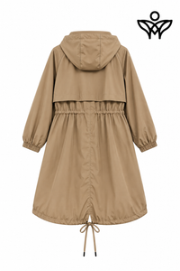 Trench gabardina beige con capucha y cintura ajustable