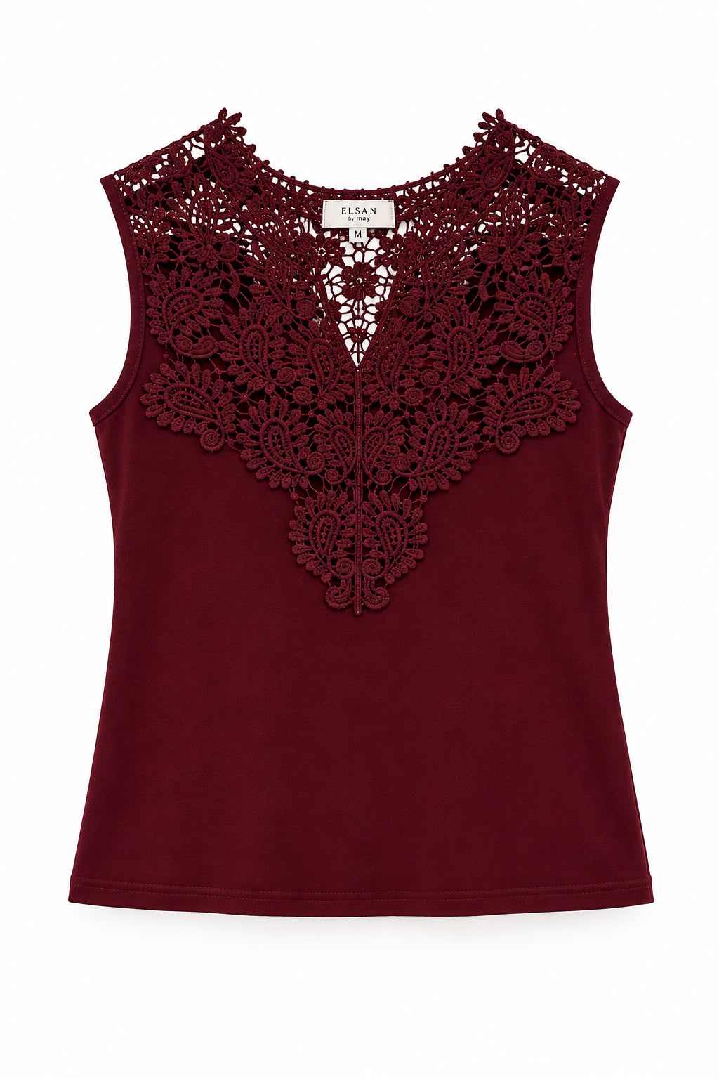 Top burdeos con encaje floral en el escote