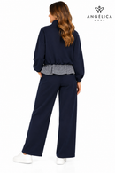 Conjunto de mujer azul marino de algodón con sudadera de cuadros y pantalón ancho