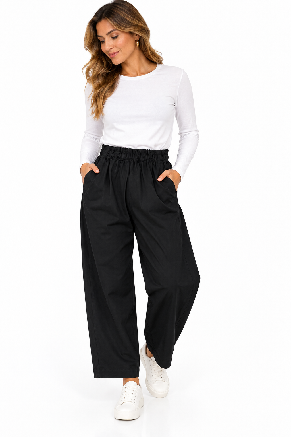 Pantalón balloon negro de mujer con cintura elástica y bolsillos