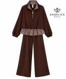 Conjunto de mujer marrón chocolate de algodón con sudadera de cuadros y pantalón ancho