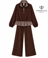 Conjunto de mujer marrón chocolate de algodón con sudadera de cuadros y pantalón ancho