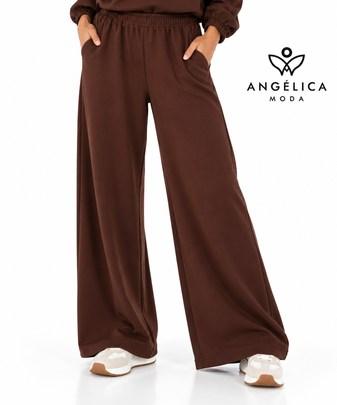 Conjunto de mujer marrón chocolate de algodón con sudadera de cuadros y pantalón ancho