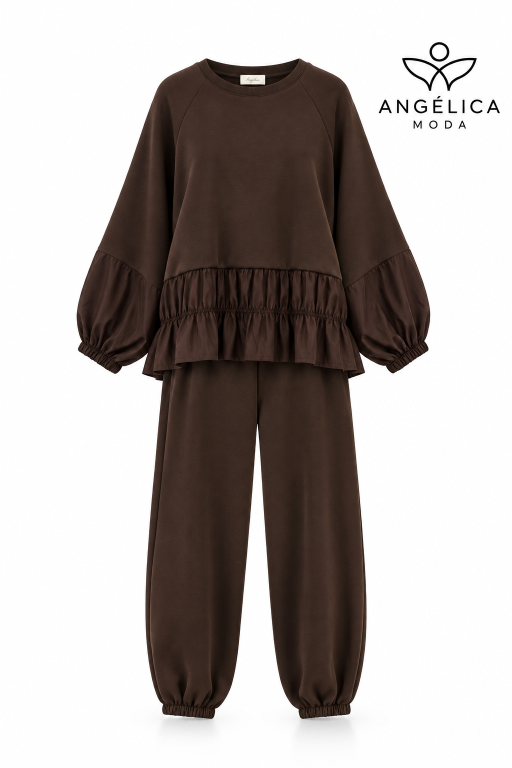 Conjunto de mujer marrón chocolate de algodón con sudadera de volante y pantalón jogger