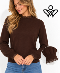 Jersey marrón chocolate de punto suave con puntilla en cuello y puños