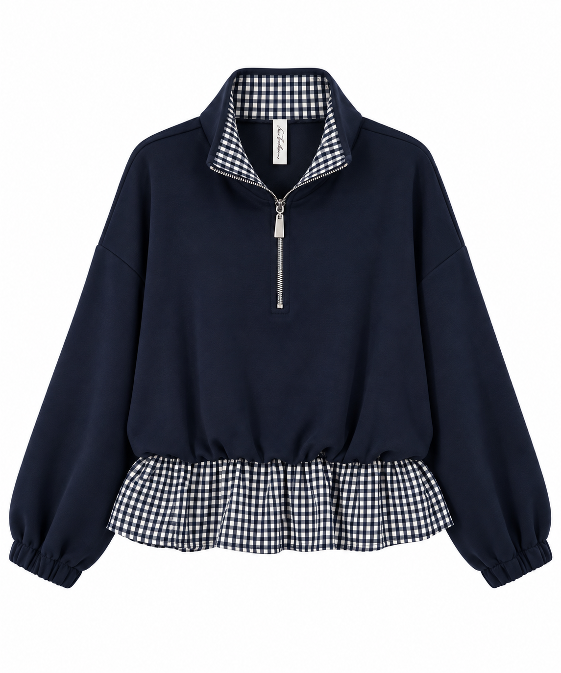 Conjunto de mujer azul marino de algodón con sudadera de cuadros y pantalón ancho