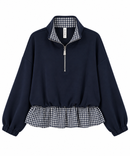 Conjunto de mujer azul marino de algodón con sudadera de cuadros y pantalón ancho