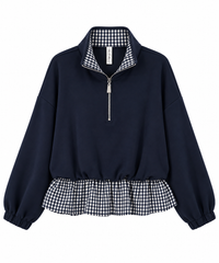 Conjunto de mujer azul marino de algodón con sudadera de cuadros y pantalón ancho