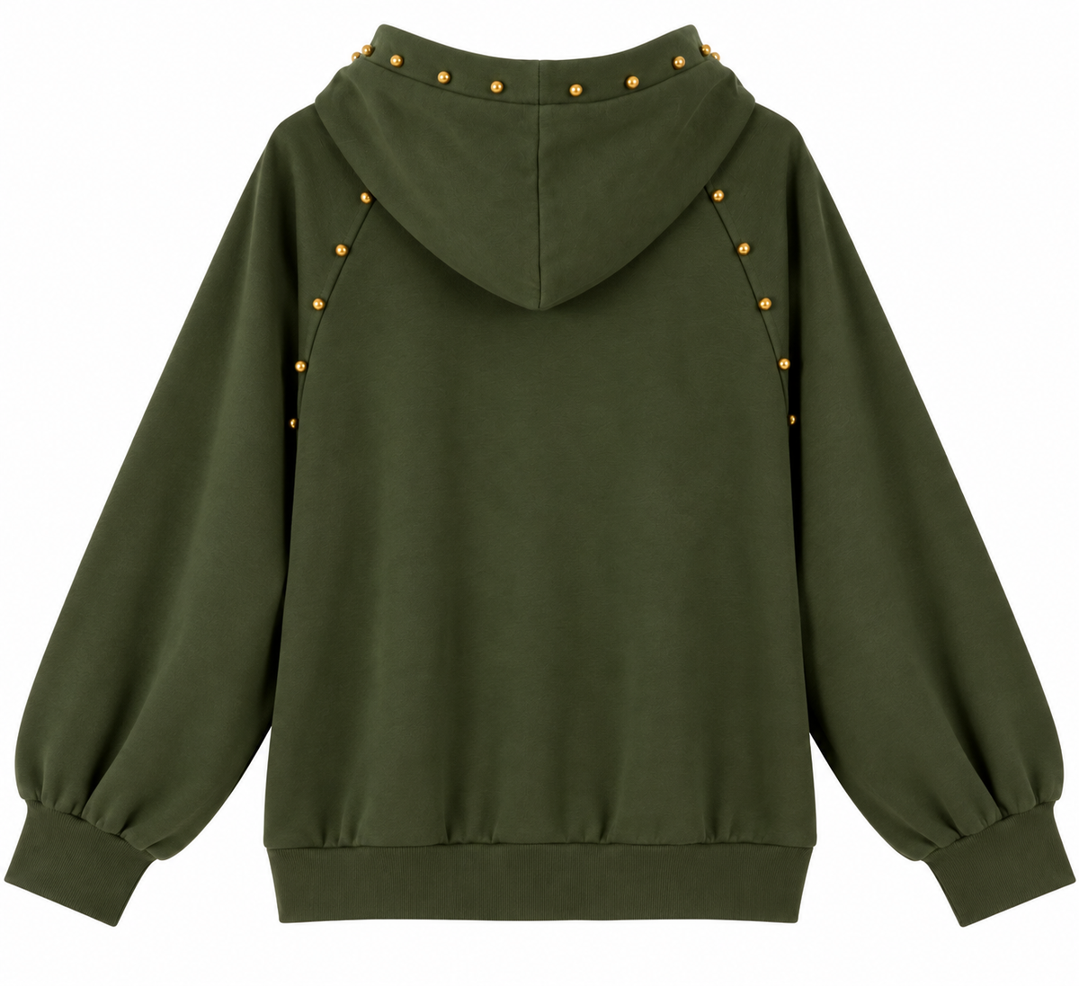 Sudadera de mujer verde militar con capucha y tachuelas doradas