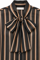 Camisa de gasa negra y beige de mujer con rayas y lazo