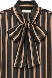 Camisa de gasa negra y beige de mujer con rayas y lazo