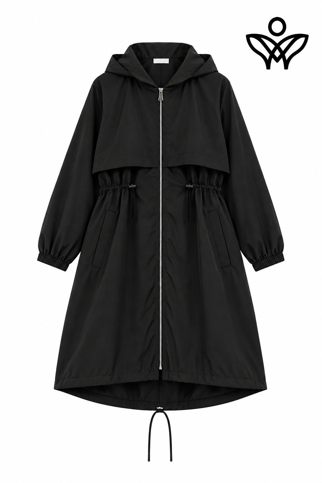 Trench gabardina negra con capucha, cintura ajustable y bolsillos