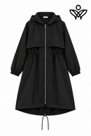 Trench gabardina negra con capucha, cintura ajustable y bolsillos
