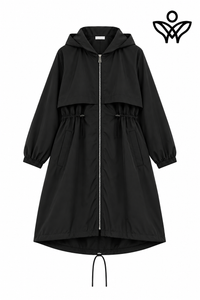 Trench gabardina negra con capucha, cintura ajustable y bolsillos
