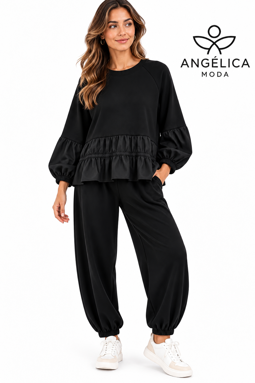Conjunto de mujer negro de algodón con sudadera de volante y pantalón jogger