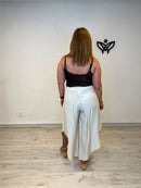 Pantalón efecto lino asimétrico beige con cintura elástica