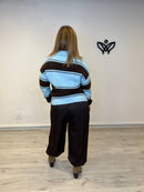 Jersey de punto de rayas cuello de polo con botones azul y marrón