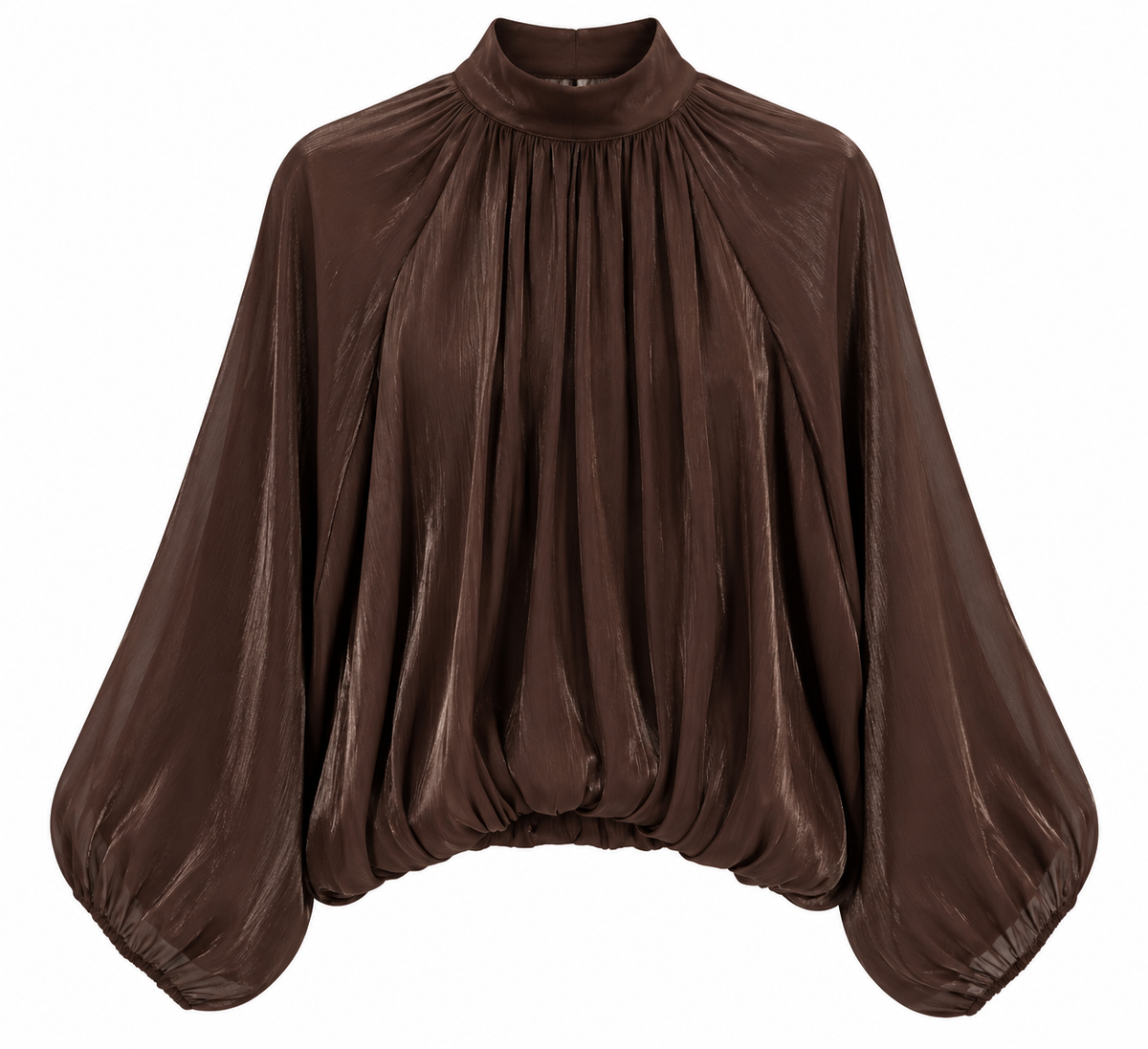 Blusa satinada marrón chocolate de cuello perkins y manga abullonada
