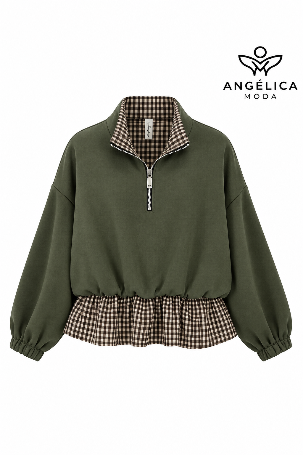 Conjunto de mujer verde militar de algodón con sudadera de cuadros y pantalón ancho