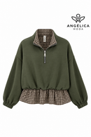 Conjunto de mujer verde militar de algodón con sudadera de cuadros y pantalón ancho