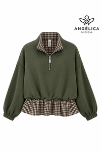 Conjunto de mujer verde militar de algodón con sudadera de cuadros y pantalón ancho