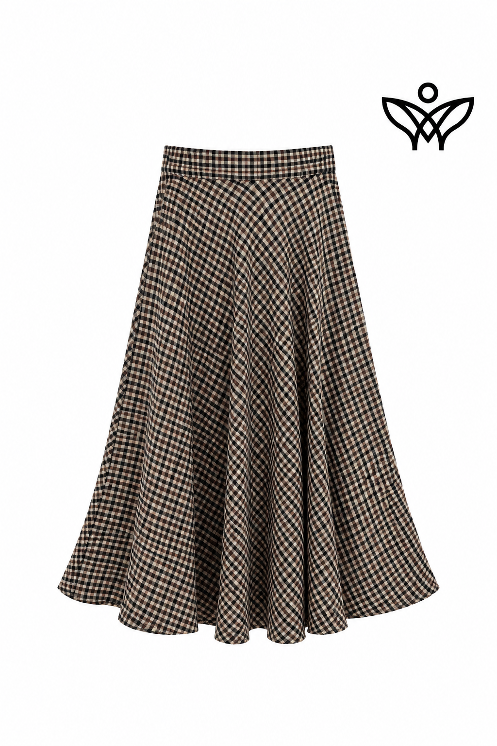 Falda midi de cuadros vichy beige y negra con cintura elástica