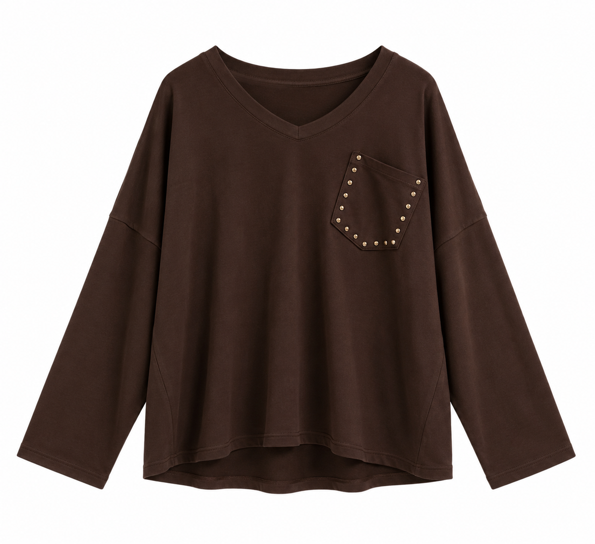 Sudadera marrón chocolate de mujer de algodón con cuello pico y bolsillo con tachuelas plateadas