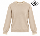 Jersey beige de punto suave con puntilla en cuello y puños