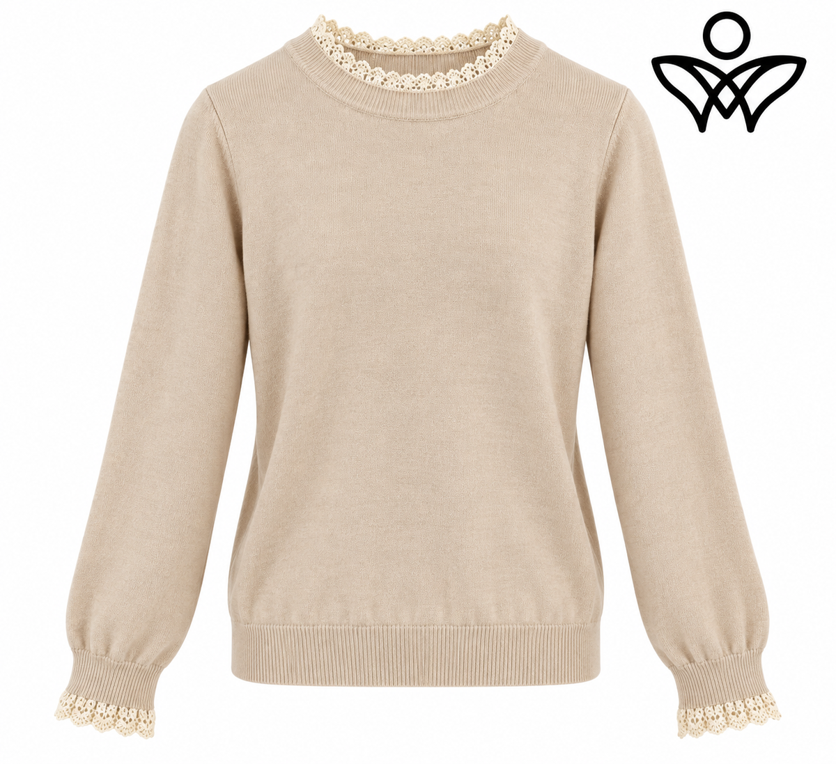 Jersey beige de punto suave con puntilla en cuello y puños