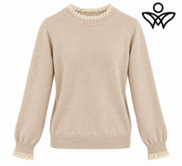 Jersey beige de punto suave con puntilla en cuello y puños