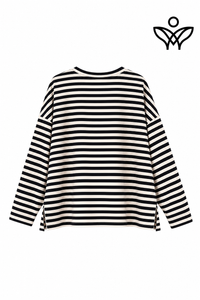 Camiseta de rayas marino y beige de manga larga con aberturas laterales