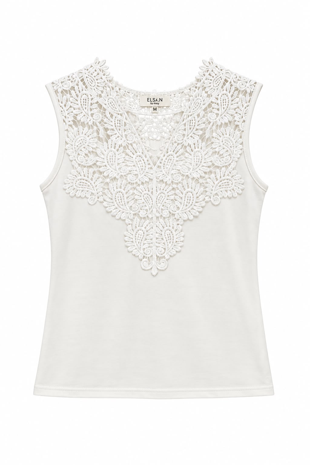 Top blanco con encaje floral en el escote