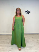 Vestido largo de lino verde con bolsillos