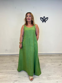 Vestido largo de lino verde con bolsillos