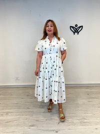 Vestido corte midi efecto lino en beige con palmeras