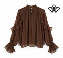 Camisa de gasa marrón chocolate con volantes y manga elegante