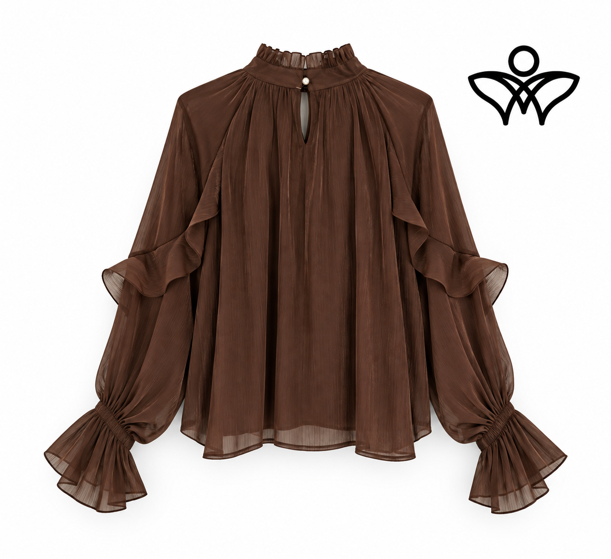 Camisa de gasa marrón chocolate con volantes y manga elegante