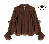 Camisa de gasa marrón chocolate con volantes y manga elegante