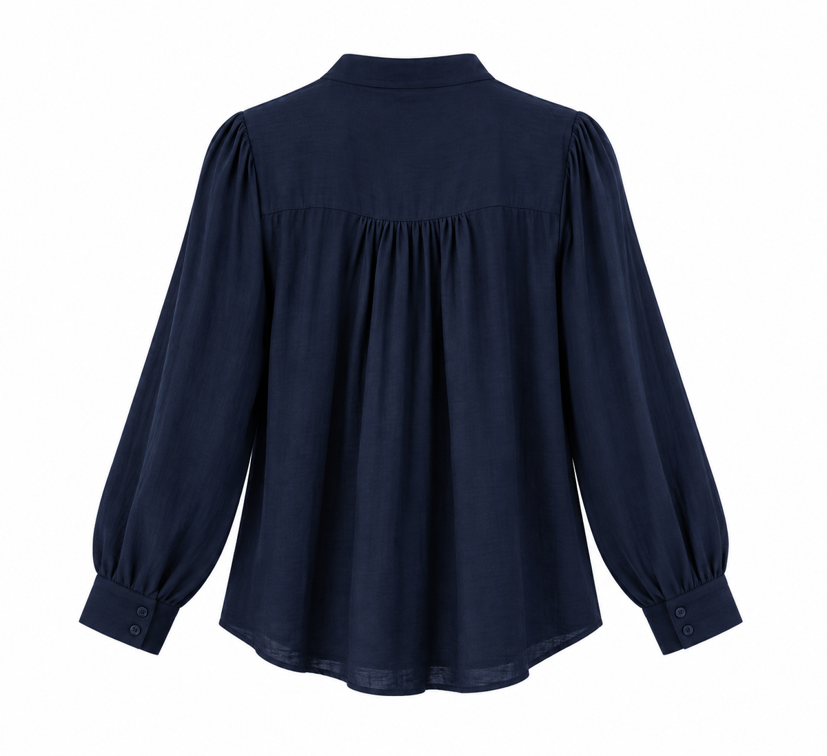 Camisa azul marino de mujer con cuello mao y volante delantero