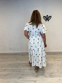 Vestido corte midi efecto lino en beige con palmeras