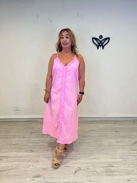 Vestido largo rosa flúor con escote en pico