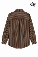 Camisa marrón chocolate y beige de mujer con rayas y botones con detalles