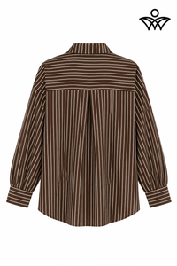 Camisa marrón chocolate y beige de mujer con rayas y botones con detalles