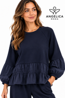 Conjunto de mujer azul marino de algodón con sudadera de volante y pantalón jogger