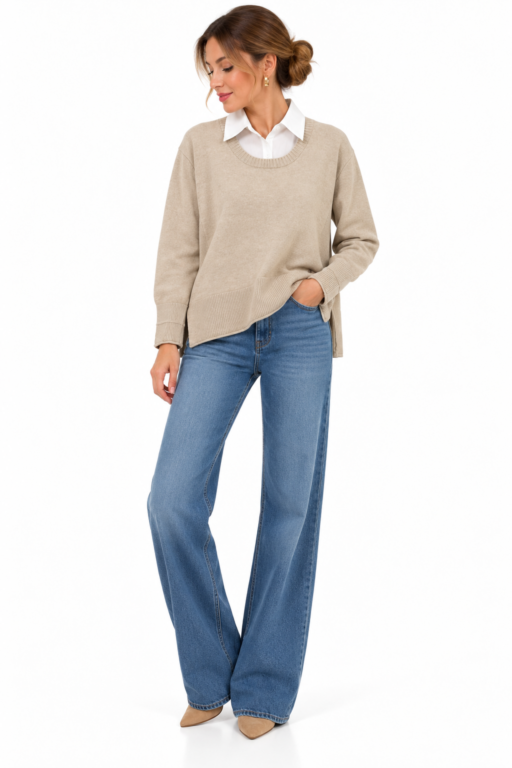 Jersey beige de punto con efecto camisa y bajo mas largo por detrás