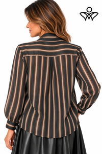 Camisa de gasa negra y beige de mujer con rayas y lazo