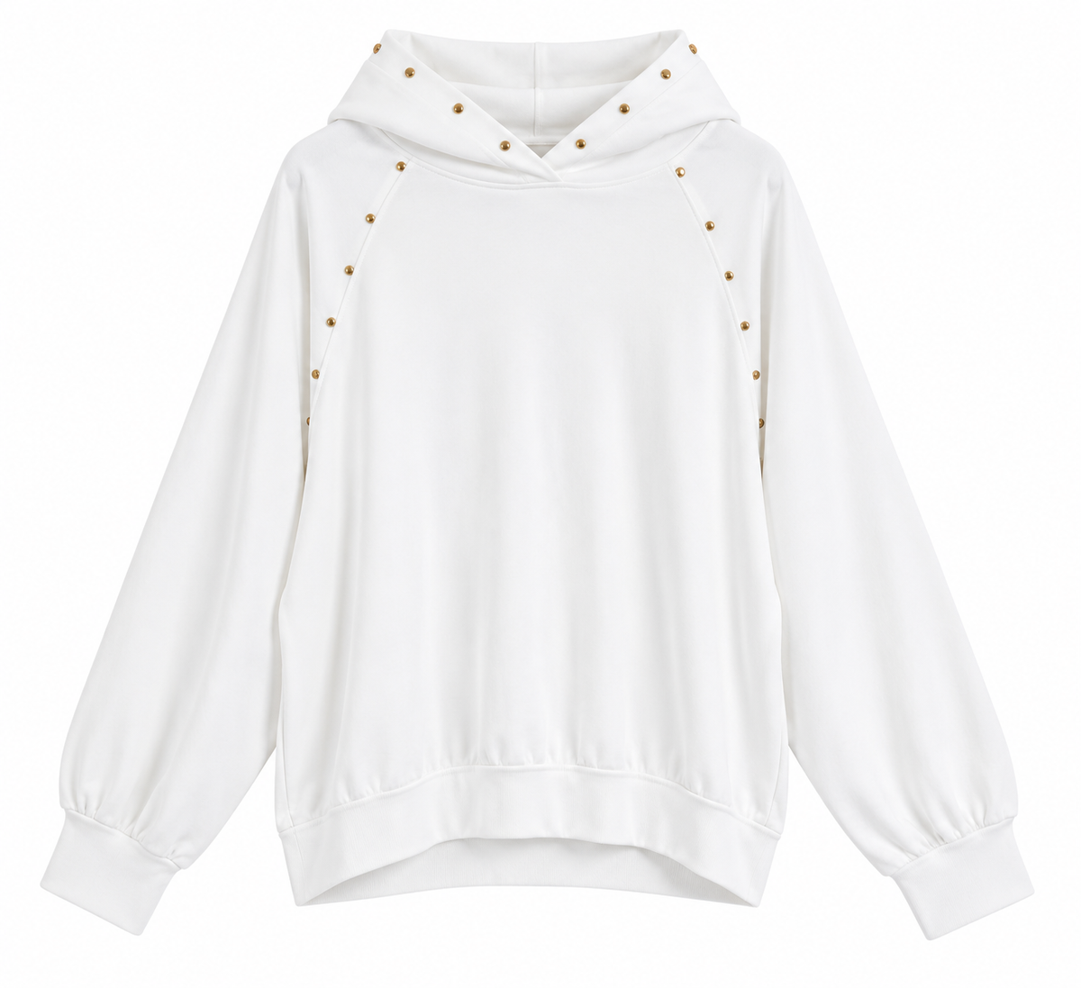 Sudadera de mujer blanca con capucha y tachuelas doradas