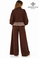 Conjunto de mujer marrón chocolate de algodón con sudadera de cuadros y pantalón ancho